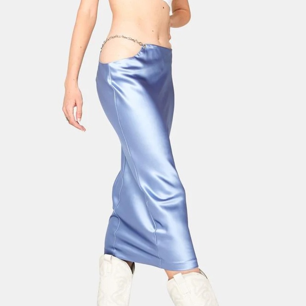 LIONESS Lion’s Den Satin Low Rise Midi Skirt Chain Waistband Light Blue Size L